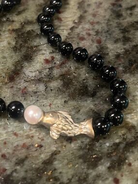 Tiffany and Co. Black Onyx Beaded Necklace with Pearl and Gold-Tone Fish Accent